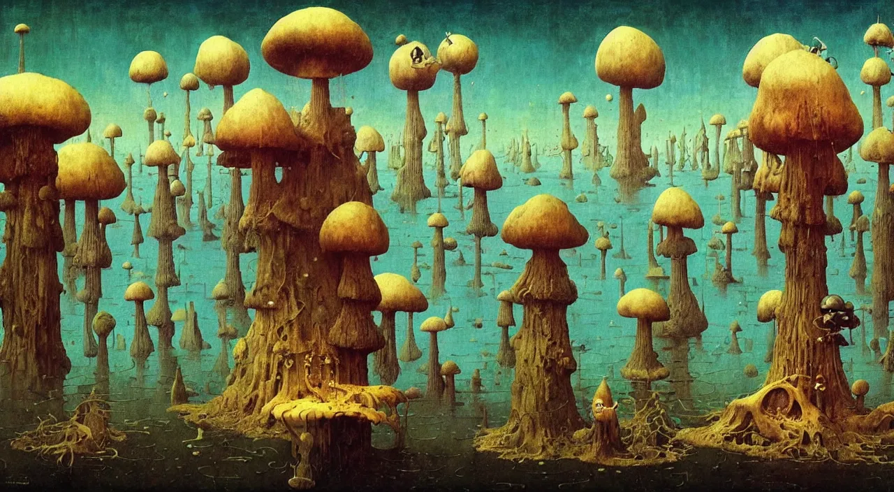 Image similar to single flooded simple!! ( lovecraftian ) toadstool tower anatomy, very coherent and colorful high contrast masterpiece by norman rockwell franz sedlacek hieronymus bosch dean ellis simon stalenhag rene magritte gediminas pranckevicius, dark shadows, sunny day, hard lighting