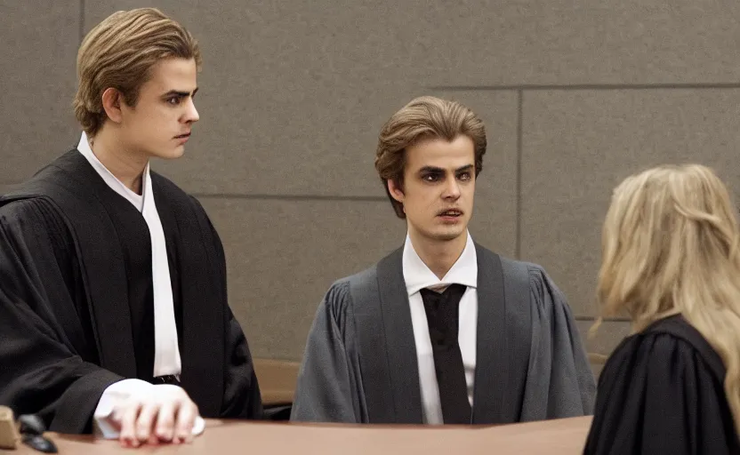 Image similar to anakin skywalker played by hayden christensen in jedi robes talking to saul goodman in a suit in court, us court, better call saul scene 1 0 8 0 p, court session images, realistic faces