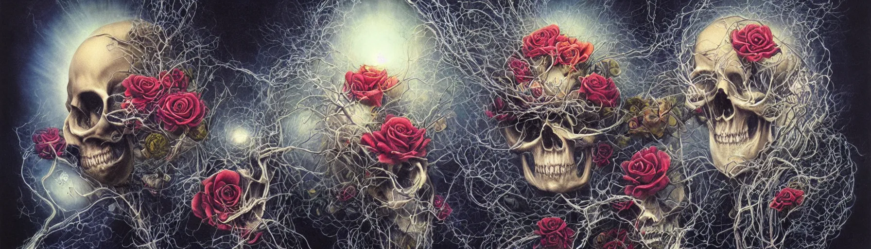 Image similar to the ghost in the machie, dense web of neurons firing, psychedelic lights and fog, skull and roses and gnr imagery, zdzislaw, ayami kojima, yamamoto, barclay shaw, karol bak, hyperrealist, 8 k