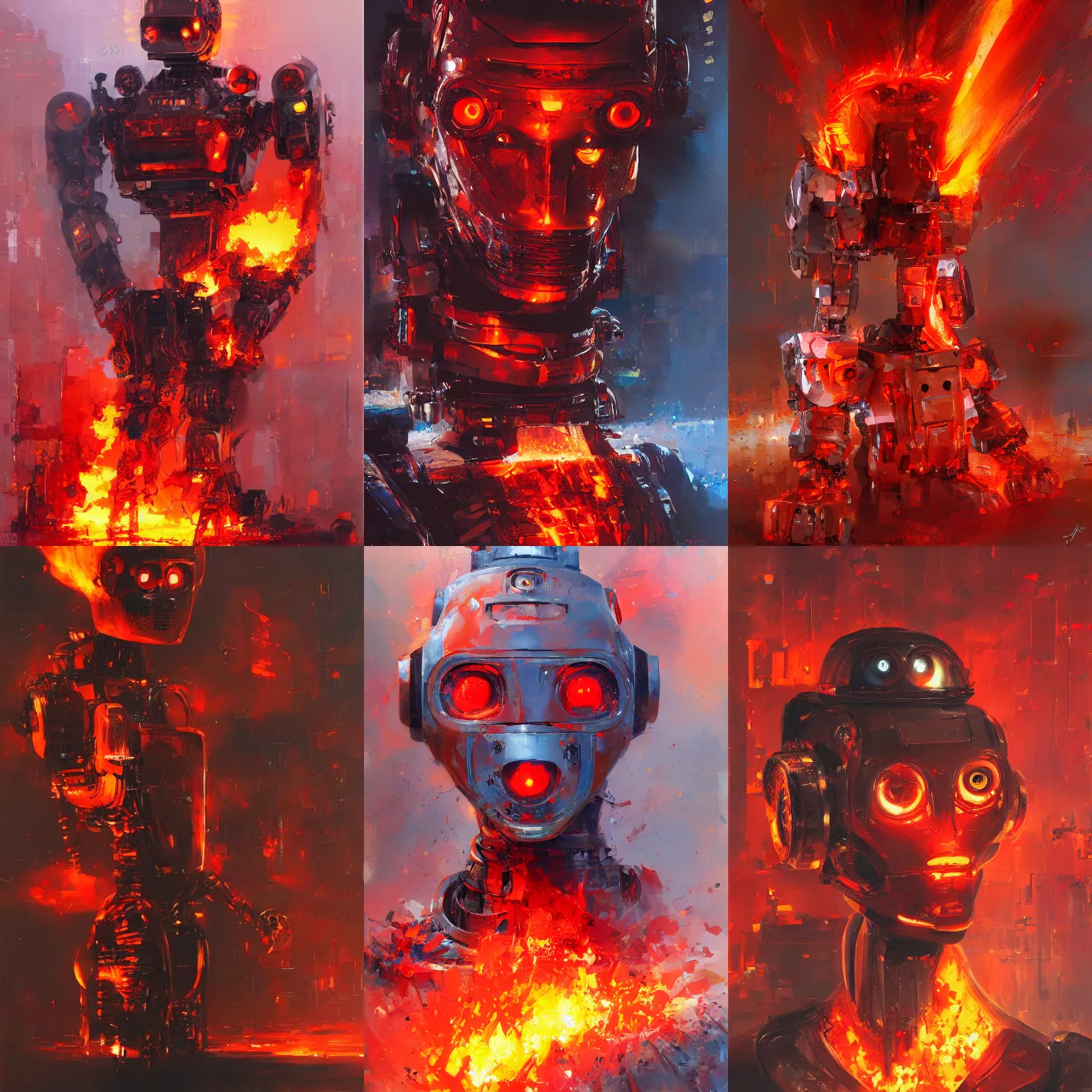 Prompt: portrait of a robot on fire, red eyes, embers, by john berkey, artstation