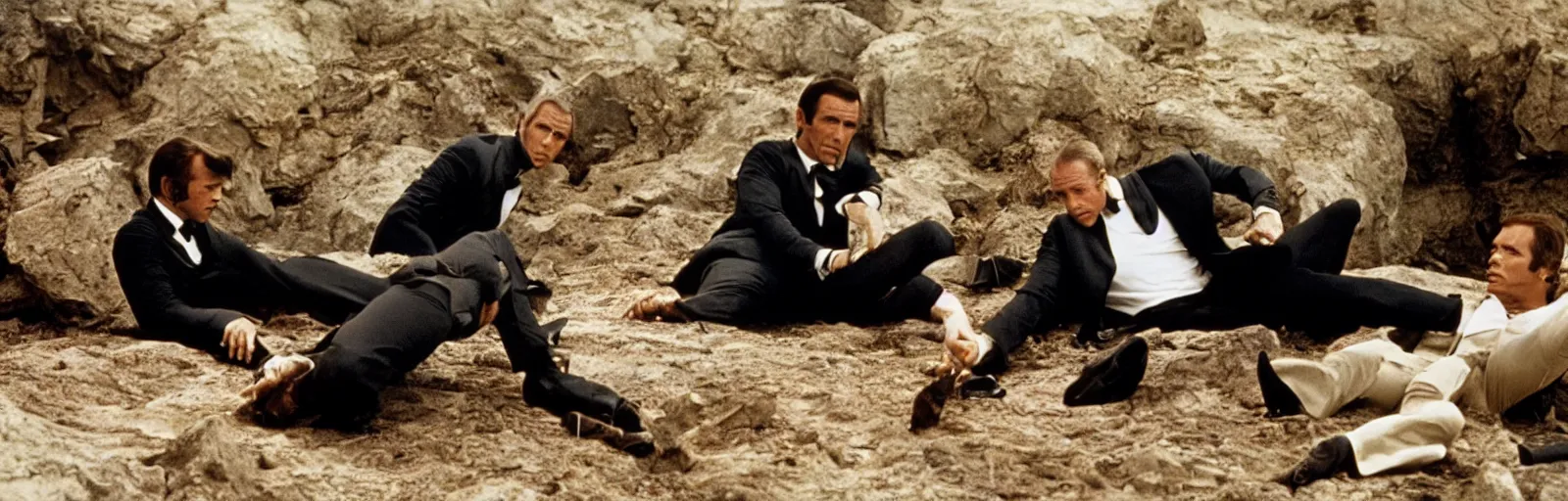 Image similar to two james bonds hide from each other in this still from the 1969 movie Bond vs Bond - art direction by moebius and jodorowsky hq production still technicolor