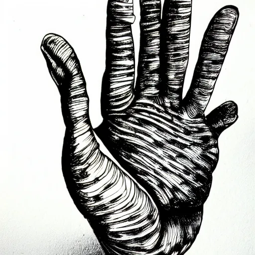 Prompt: palm of a hand with various plants growing out of it, pen and ink style