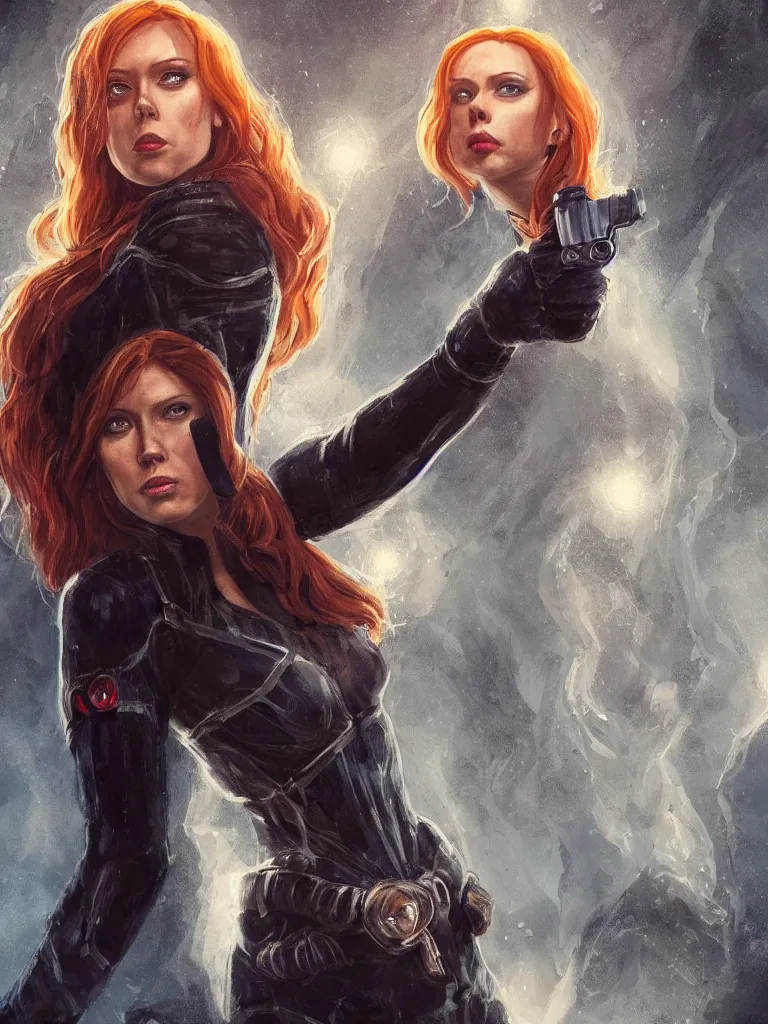 Image similar to portrait of marvel's black widow as a beautiful scandinavian goddess in a icelandic courtyard holding a pistol, decolletage, confident pose, coherent, insane detail, concept art, character concept, cinematic lighting, global illumination radiating a glowing aura