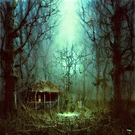 Image similar to shabby hut in a dark forest by Luis Royo and Beksinski