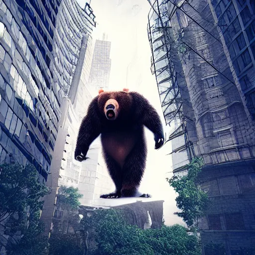 Image similar to ! dream a giant angry bear attacking the city, photomanipulation, photoshop, digital art