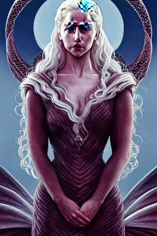 Image similar to beautiful daenerys targaryen ( khaleesi ) portrait, art deco, fantasy, intricate art deco dragon designs, elegant, highly detailed fractals, sharp focus, game of thrones art by artgerm and beeple and greg rutkowski and wlop