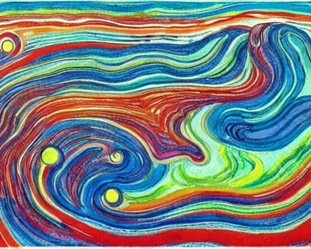 Image similar to Ocean waves in a psychedelic dream world. DMT. Curving rivers. Landscape painting by Edvard Munch. David Hockney. Takashi Murakami.