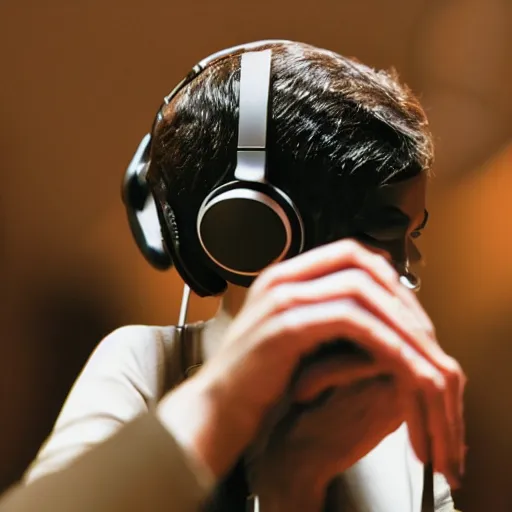 Image similar to A photograph of a bird wearing headphones and speaking into a high-end microphone in a recording studio.
