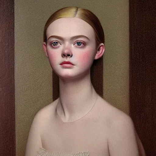 Prompt: a striking hyper real painting of Elle Fanning by Grant Wood