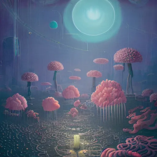 Image similar to beautiful painting of lights and corals blooming in the white mind\'s city in the style of Simon Stålenhag and H. R. Giger, detailed, trending on Artstation