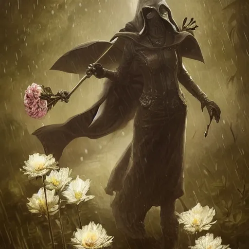 Image similar to female plague doctor holding flowers, heavy rain, wind, thunder, reflections, deep focus, d & d, fantasy, intricate, elegant, highly detailed, digital painting, artstation, concept art, matte, sharp focus, illustration, hearthstone, art by artgerm and greg rutkowski and alphonse mucha