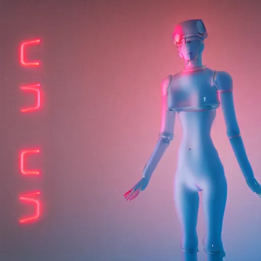 Image similar to stylised 3d render specular hazy wet steam robot girl, silicone girl futuristic machine in misty haze red neon 4k