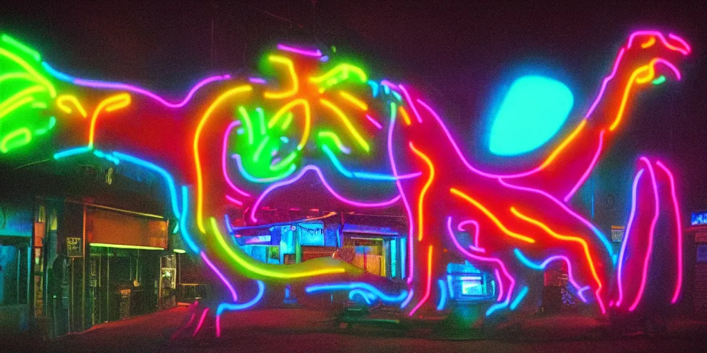 Prompt: screaming dinosaur made of neon light, 1 9 7 0 s street, neon lights, ektachrome photograph, volumetric lighting, f 8 aperture, cinematic eastman 5 3 8 4 film