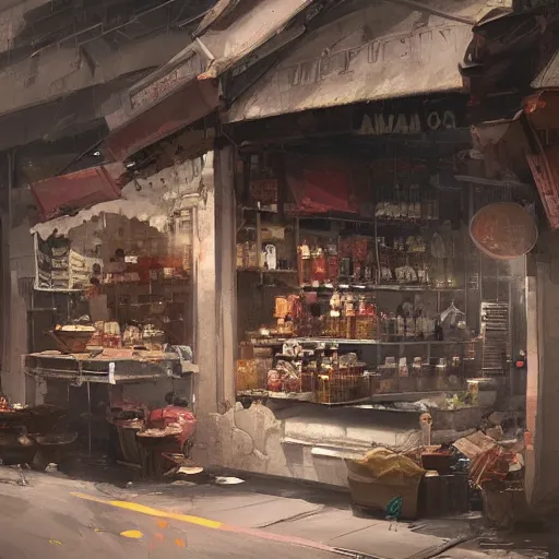 Prompt: concept art of an old provision shop in singapore, by greg rutkowski