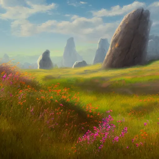 Image similar to a matte painting of a european prairie, patchy flowers and rocks, oil painting, pale colors, high detail, 8 k, wide angle, trending on artstation,