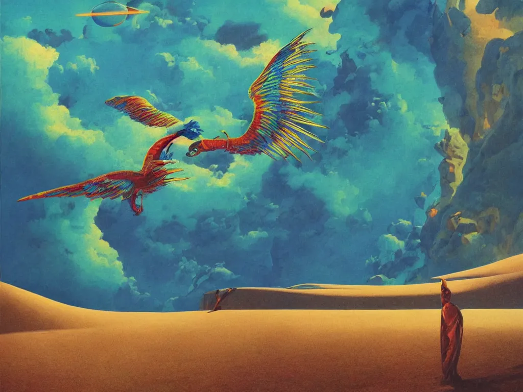 Image similar to quetzalcoatl flying over sand dunes and an ocean on a strange planet, by bruce pennington, by sam freio, by thomas rome, by victor mosquera, juxtapoz, behance, dayglo, prismatic, iridescent