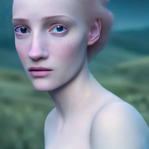 Image similar to photographic portrait of a stunningly beautiful english renaissance female in soft dreamy light at sunset, mountain peak, soft focus, contemporary fashion shoot, in a denis villeneuve and tim burton movie, by edward robert hughes, annie leibovitz and steve mccurry, david lazar, jimmy nelsson, extremely detailed, breathtaking, hyperrealistic, perfect face, octane render