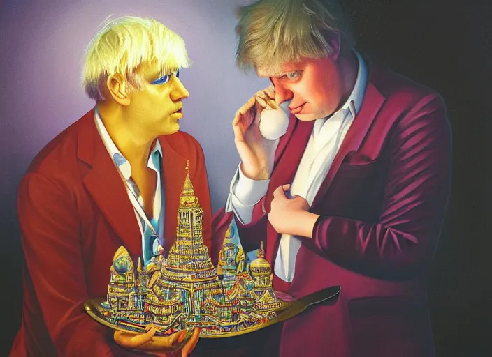 Image similar to rishi sunak and boris johnson in heaven, abstract oil painting by gottfried helnwein pablo amaringo raqib shaw zeiss lens sharp focus high contrast chiaroscuro gold complex intricate bejeweled