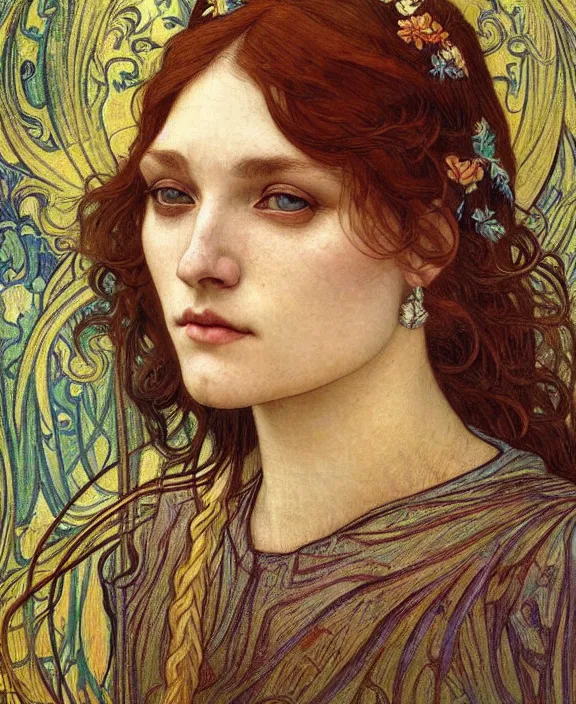 Image similar to detailed realistic beautiful young medieval queen face portrait by jean delville, alphonse mucha, vincent van gogh, and marco mazzoni, art nouveau, symbolist, visionary, gothic, pre - raphaelite