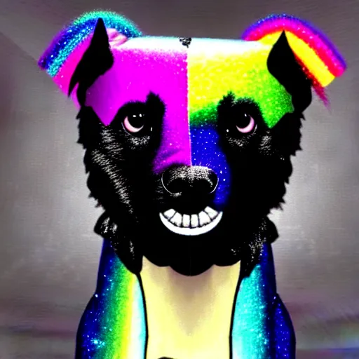 Prompt: an emo dog with rainbow hair, sparkles, deviantart, low quality