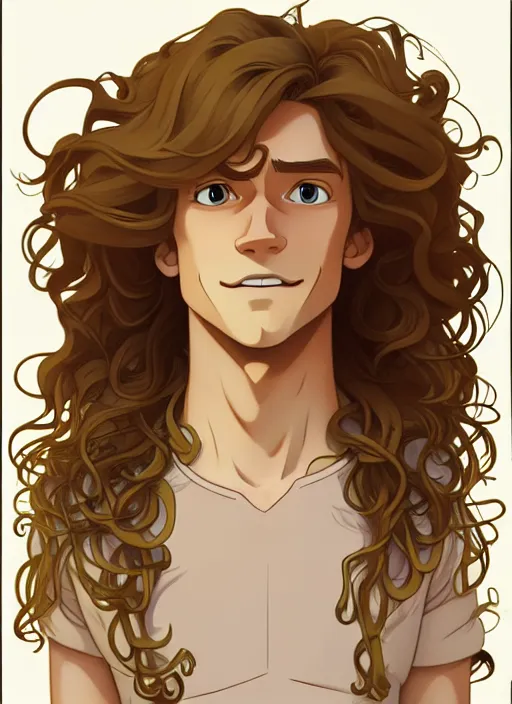 Image similar to young man with long, curly, golden hair, aquamarine eyes, natural lighting, path traced, highly detailed, high quality, cartoon, digital painting, by don bluth and ross tran and studio ghibli and alphonse mucha