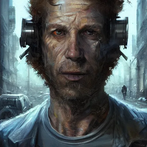 Image similar to henry dorsett case, middleaged shaggy cyborg, heavily augmented, smoker, hacker, cyberpunk, painted by seb mckinnon, high detail, dramatic light, digital art, painted by greg rutkowski, promotional movie posterart, trending on artstation