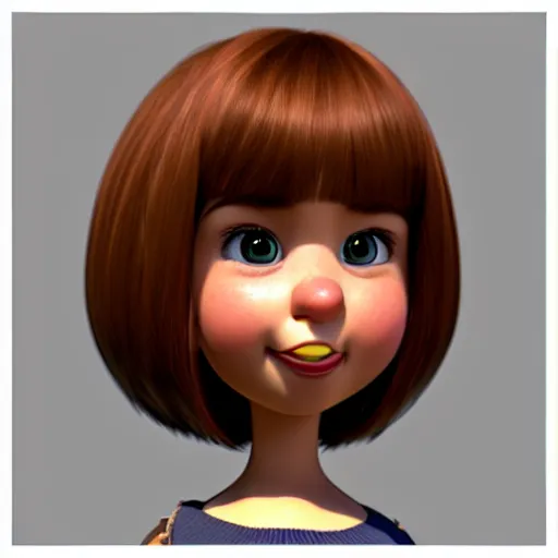 Image similar to A portrait of a plump woman, a cute 3d cgi toon woman with brown hair in a Bob, brown eyes, full face, olive skin, romanian heritage, medium shot, mid-shot, hyperdetailed, 8k, trending on artstation, as a Pixar character