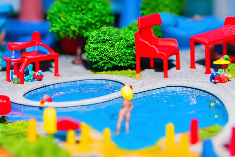 Prompt: fisher price public pool, california, in 2 0 1 5, sharp focus, scene from tv show hyper detailed 5 5 mm 8 5 mm, toy photography, made out of plastic