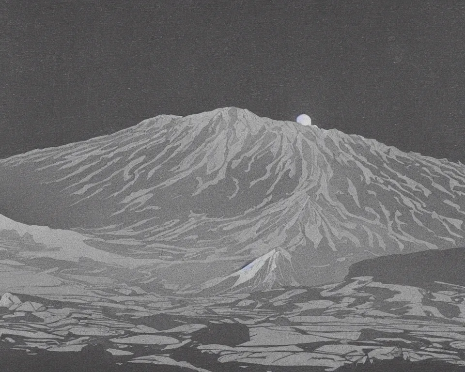 Image similar to achingly beautiful print of Mt. St. Helens, bathed in moonlight, by Hasui Kawase and Lyonel Feininger.