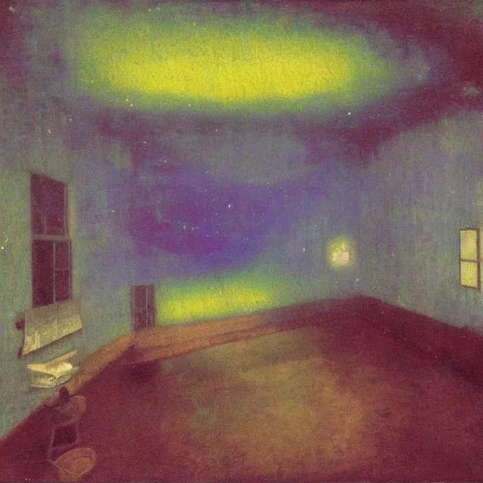 Prompt: interior of a flooded old house. aurora borealis. iridescent, psychedelic colors. painting by hammershoi, balthus, mark rothko, agnes pelton, utamaro, monet