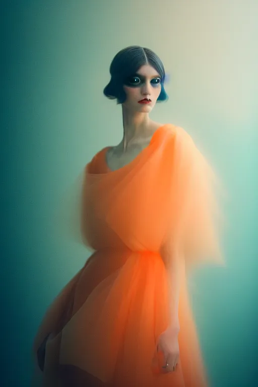 Image similar to a model wearing haute couture from chanel, macro photography, long exposure photograph, surrealism, anamorphic bokeh, cozy, soft light, orange and teal, caustic, atmospheric fog, octane render, cinematic