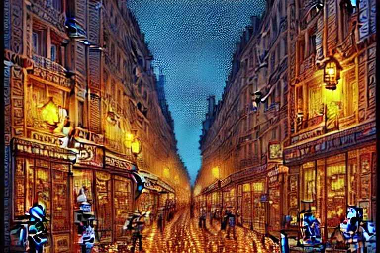 Image similar to a city street in paris under the dark sun, beautiful detailed pixelart by albertov, intricate details, beautiful, dithered gradients, volumetric lighting, cgsociety, artstation, smooth, sharp focus, 2 d illustration, amazing art by dan mumford