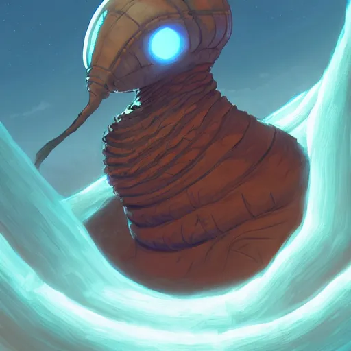 Image similar to Frank Herbert as Paul Atreides riding a giant sandworm, eyes blue with spice, ambient lighting, 4k, anime key visual, lois van baarle, ilya kuvshinov, rossdraws, artstation