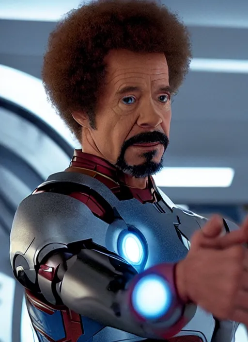 Image similar to film still of Bob Ross as Tony Stark in Iron Man, 4k