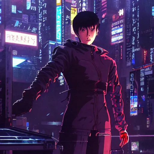 Image similar to a japanese cyberpunk android hacker, wide shot, finely detailed features, cyborg robot parts with glowing lights!, dramatic cinematic, night, at cyberpunk city, ghost in the shell, akira, noir, painted by greg rutkowski makoto shinkai takashi takeuchi craig mullins, alphonse mucha, studio ghibli, pixiv