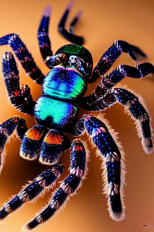 Image similar to high quality macro photo iridescent tarantula! jewelled cute! highly detailed david ligare elson peter cinematic blue lighting high quality low angle hd 8k sharp shallow depth of field