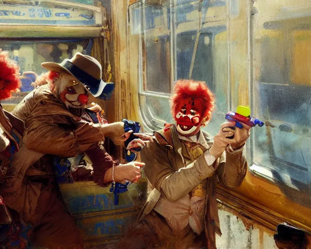 Image similar to clowns robbing inside a train using water guns, highly detailed painting by gaston bussiere, craig mullins, j. c. leyendecker 8 k