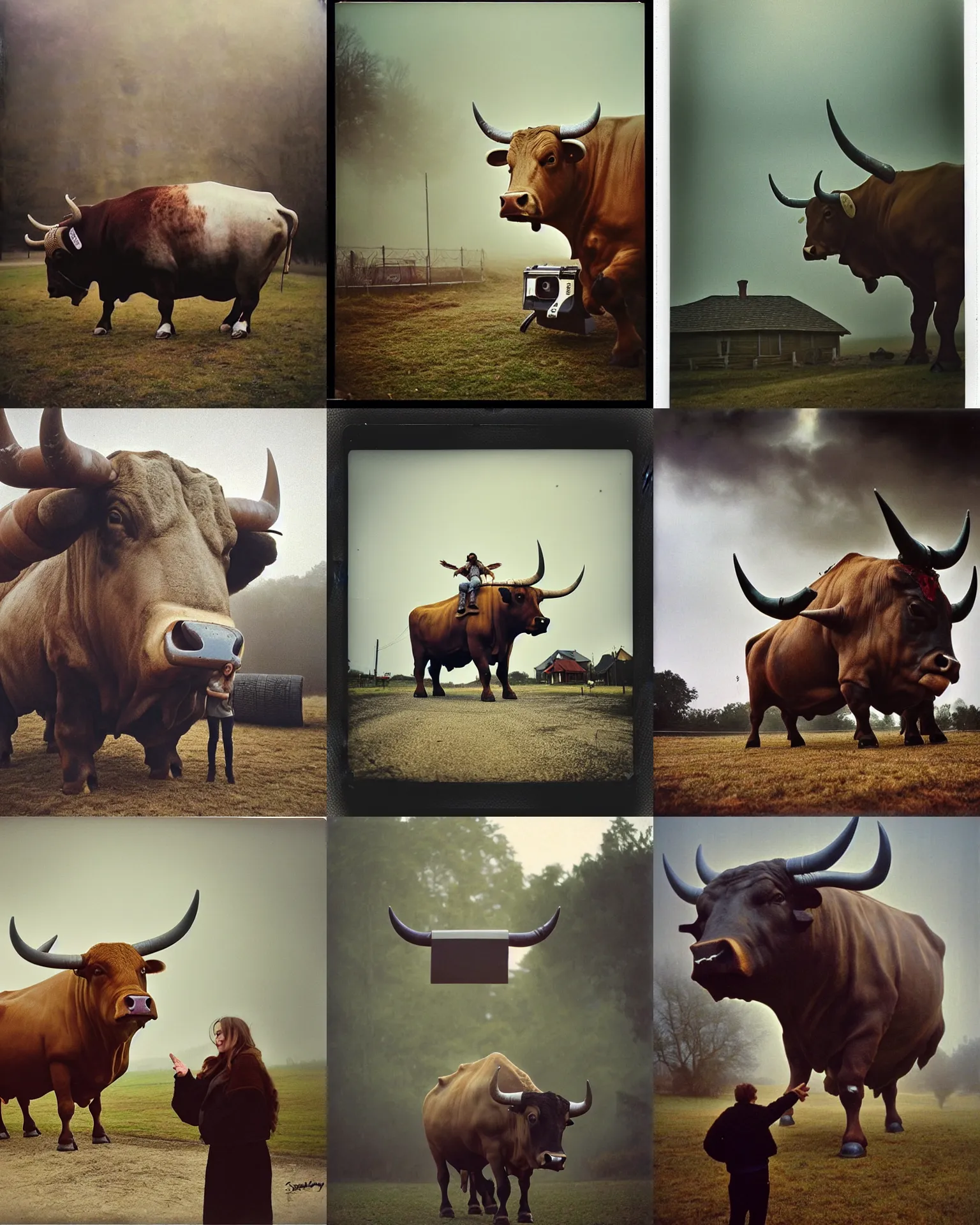 Prompt: bull!!!! giant oversized bull animal chubby mech as giant oversized bull with oversized horns on a village, Cinematic focus, Polaroid photo, vintage, neutral colors, soft lights, foggy, by Steve Hanks, by Serov Valentin, by lisa yuskavage, by Andrei Tarkovsky