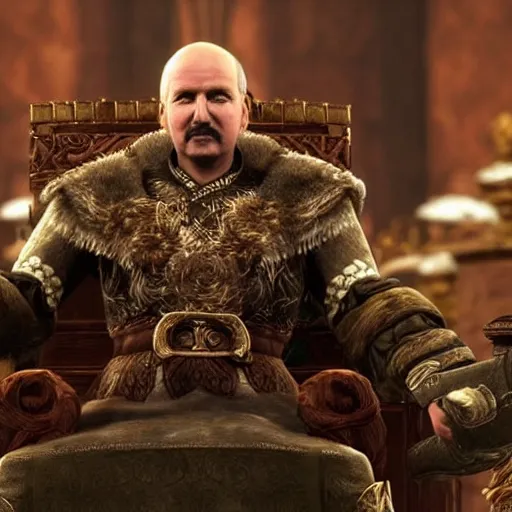 Image similar to Alexander Lukashenko as a Jarl of Belarus Hold in The Elder Scrolls V: Skyrim sitting on his throne in a slumped pose