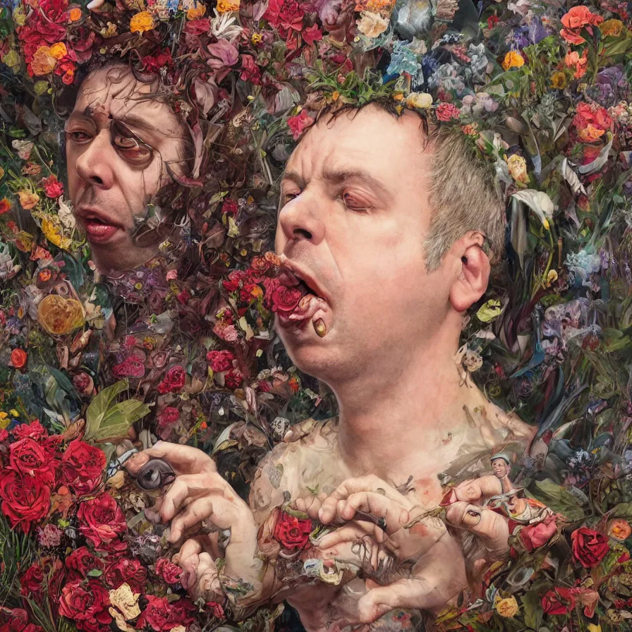 Image similar to male portrait of the john zorn todd solondz eating rotten flesh and puking blood, surrounded by flowers by karol bak, james jean, tom bagshaw, rococo, trending on artstation, cinematic lighting, hyper realism, octane render, 8 k, hyper detailed.