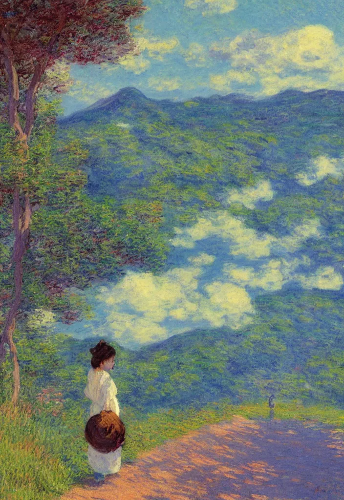 Image similar to tiny character in front of a beautiful japanese country side landscape, bleu sky, magnificient clouds, lofi vibe, vivide colors, amazing light, really beautiful nature, oil painting, impressionist style, by jeremy lipkin, by claude monet, by ghibli, kandinsky touches, multiple brush strokes, masterpiece