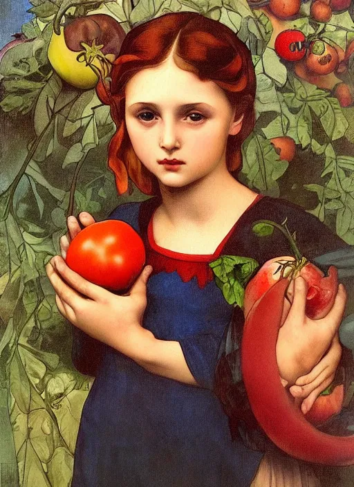 Image similar to Girl with a tomato, in the style of Raphael and Mark Ryden and Alphonse Mucha,