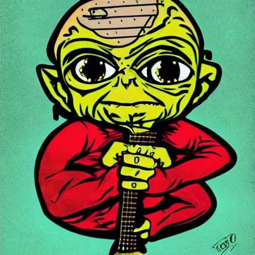 Image similar to gollum pop-art, rock-n-roll, guitar