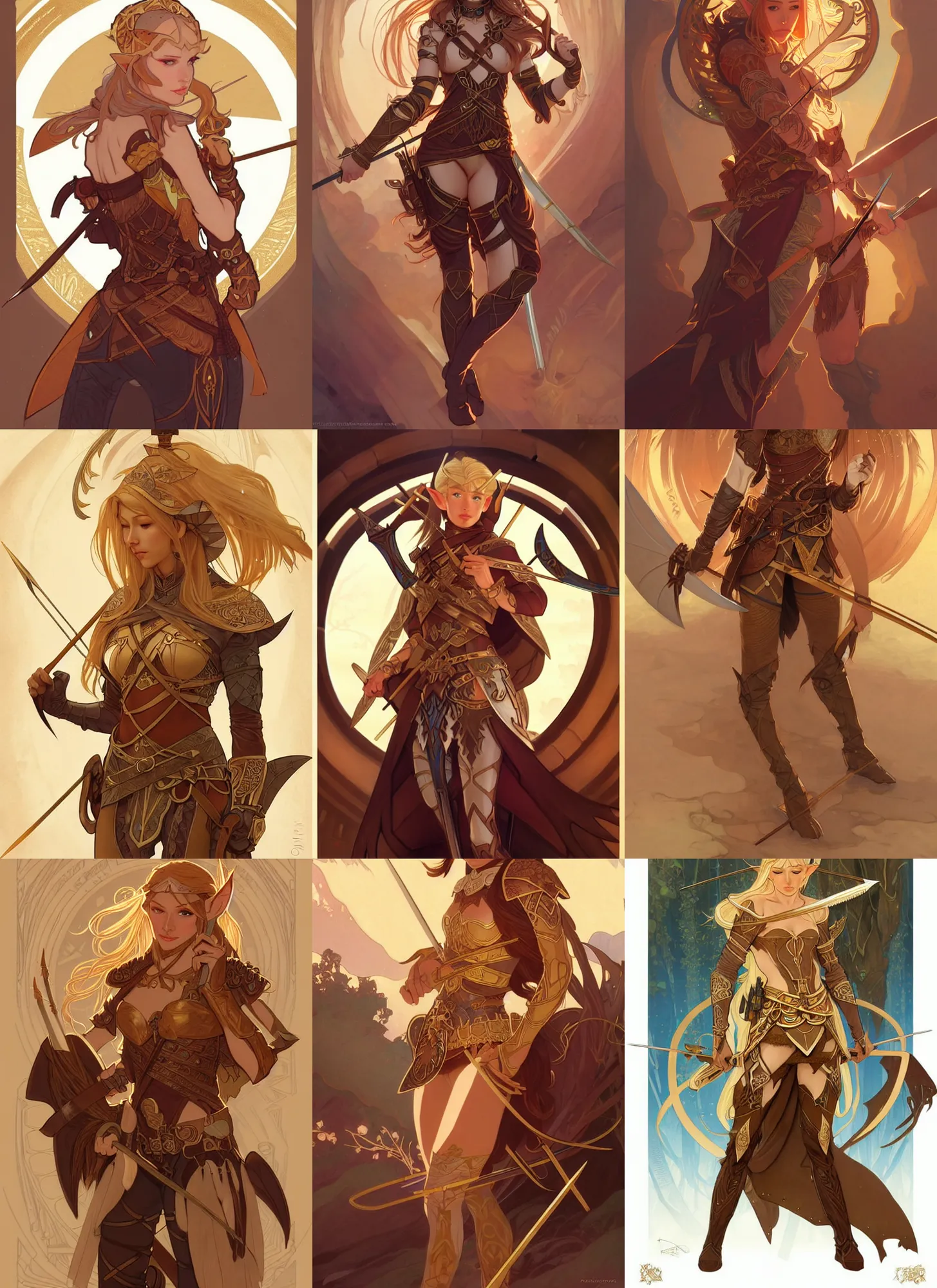 Prompt: beautiful elf archer in the slumps, brown skin, golden hair, skintight brown leather armor, high fantasy, dnd, smooth, sharp focus, illustration, by rossdraws, alphonse mucha, frank fanzzeta