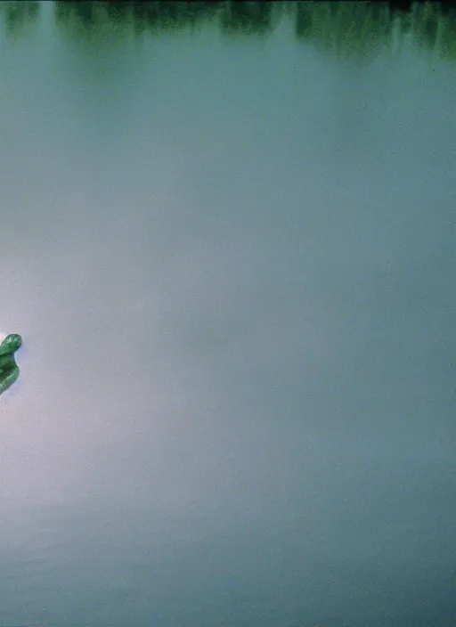 Image similar to semi translucent smiling frog amphibian hovering over misty lake in Jesus Christ pose, cinematic shot by Andrei Tarkovsky, paranormal, spiritual, mystical