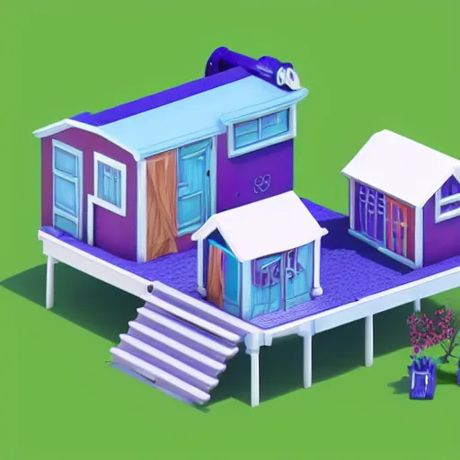 Image similar to small cute mobile game house, blue and purple scheme, 1 0 0 mm, 3 d render, isometric, diorama, blue background,