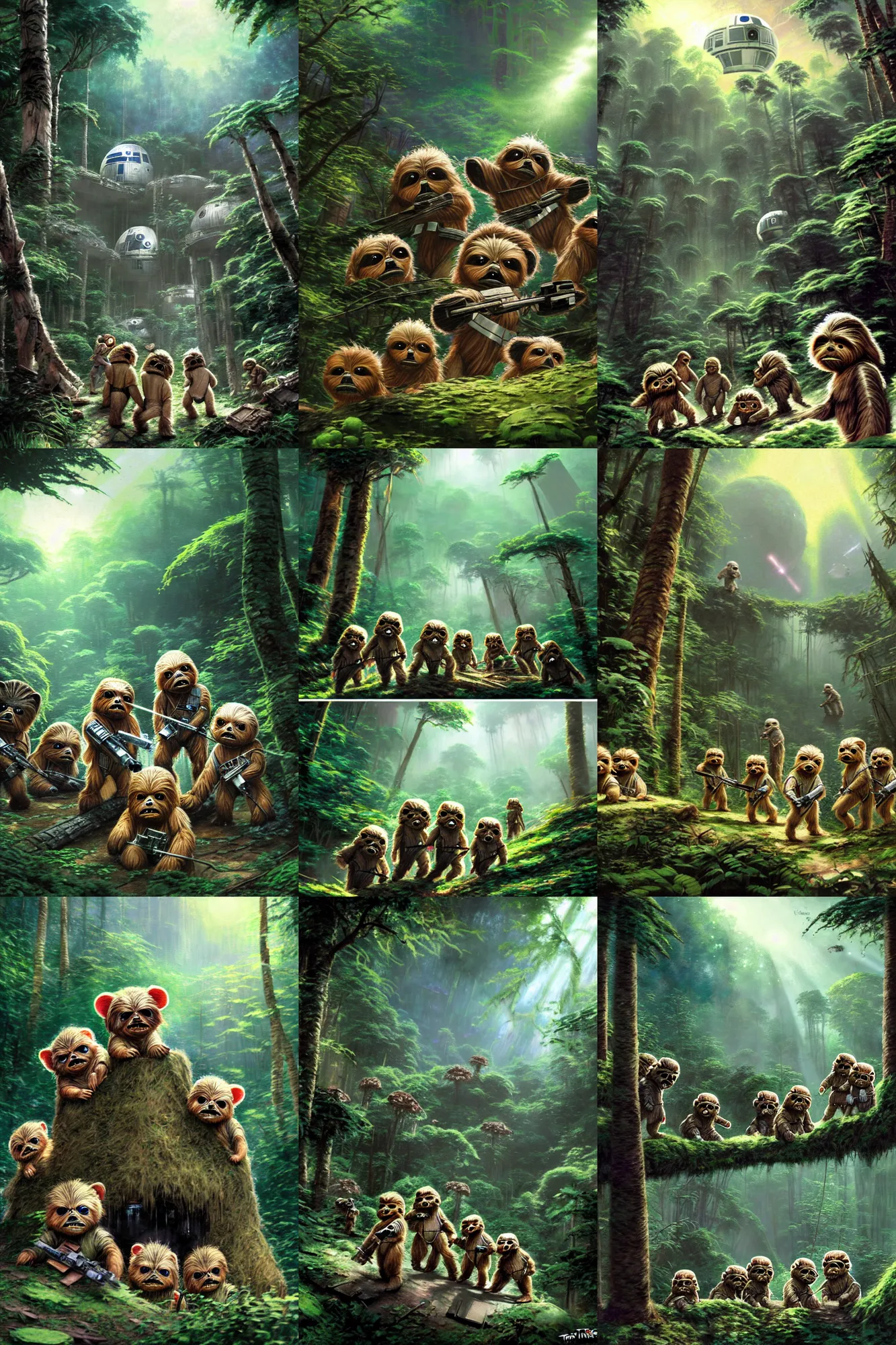 Prompt: a group of young and cute ewoks playing in the ruins of the destroyed deathstar which has fallen on the jungle moon endor, light from above, art by thomas kinkade, trending on artstation, abandoned, overgrown, playful, cheerful, smiling, kids