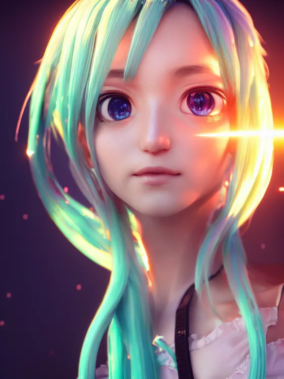 Image similar to portrait art of hatsune miku 8 k ultra realistic, lens flare, atmosphere, glow, detailed, intricate, full of colour, cinematic lighting, trending on artstation, 4 k, matte, hyperrealistic, focused, extreme details, unreal engine 5, cinematic, masterpiece