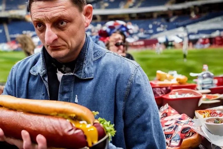 Prompt: Tim Robinson dejectedly contemplating a hotdog bowl, it's like a burrito bowl but with little bits of chopped up hotdog in it, thousand yard stare