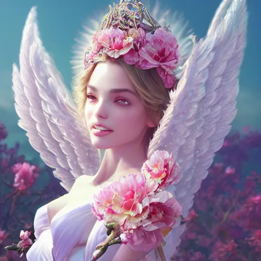 Prompt: expressive full body photo of sophia lauren as beautiful angel, smooth glowing skin, ornate headpiece made from pink flowers, glamour shot, by yoshitaka amano, by greg rutkowski, by jeremyg lipkinng, by artgerm, digital art, octane render, unreal engine, photorealistic, 3 d character
